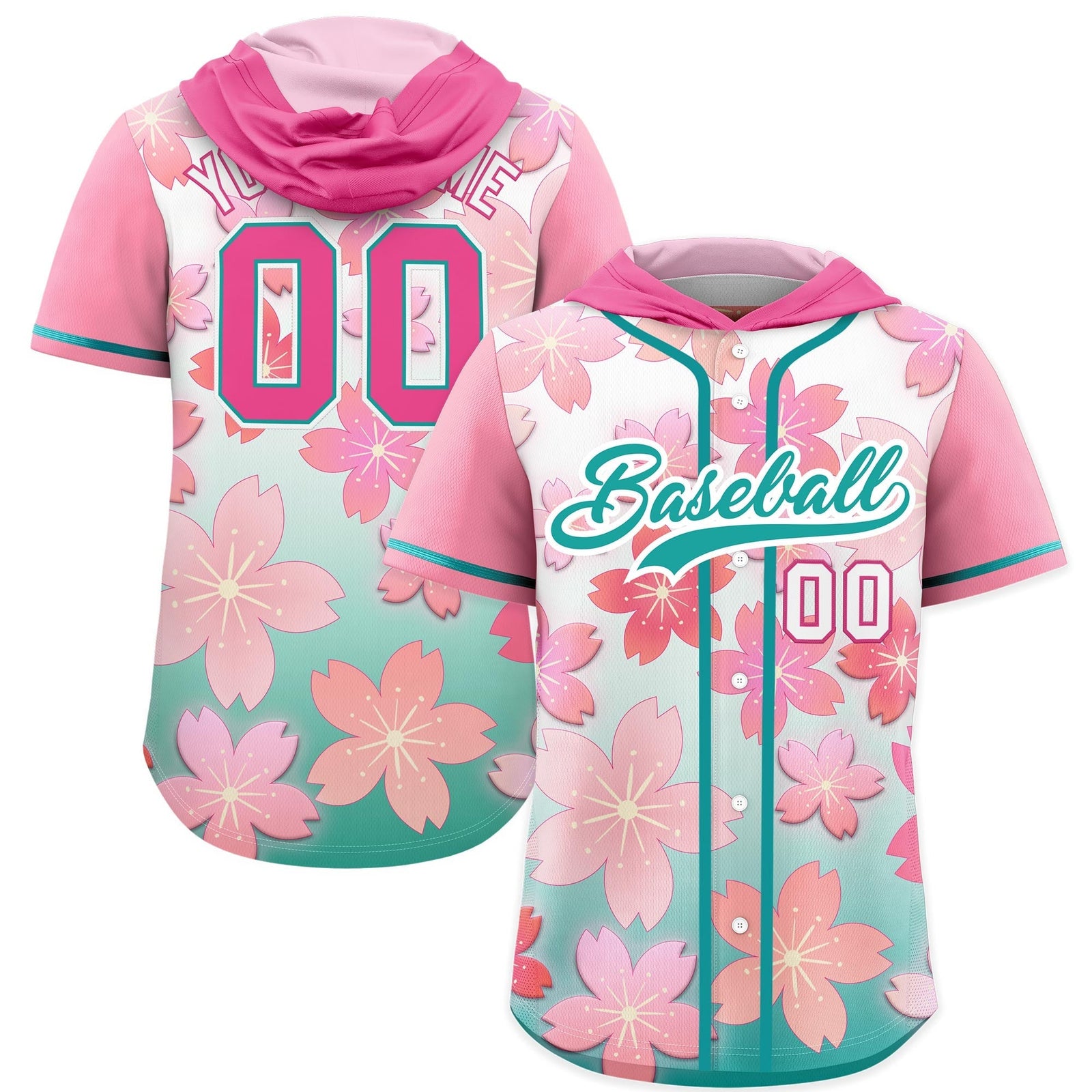 Custom Hooded Baseball Jersey | Pink Aqua Cherry Blossom Moisture-Wicking Jersey for Men & Women