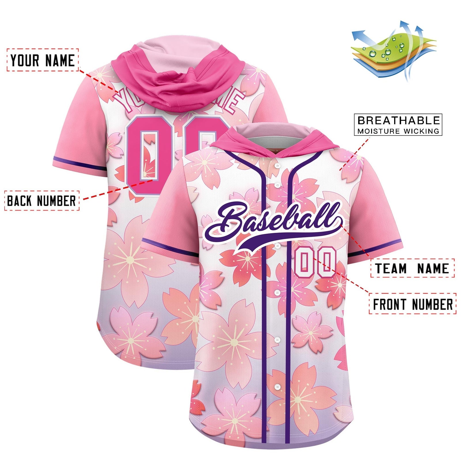 Custom Hooded Baseball Jersey | Pink Purple Cherry Blossom Moisture-Wicking Jersey for Men & Women