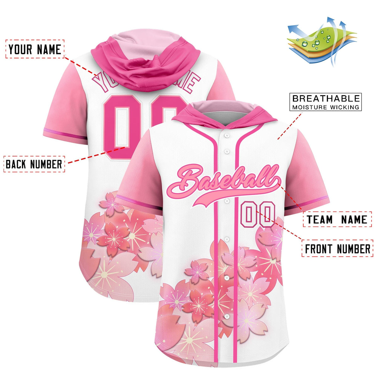 Custom Hooded Baseball Jersey | Pink Light Pink Cherry Blossom Personalized Name & Number Sport Jersey
