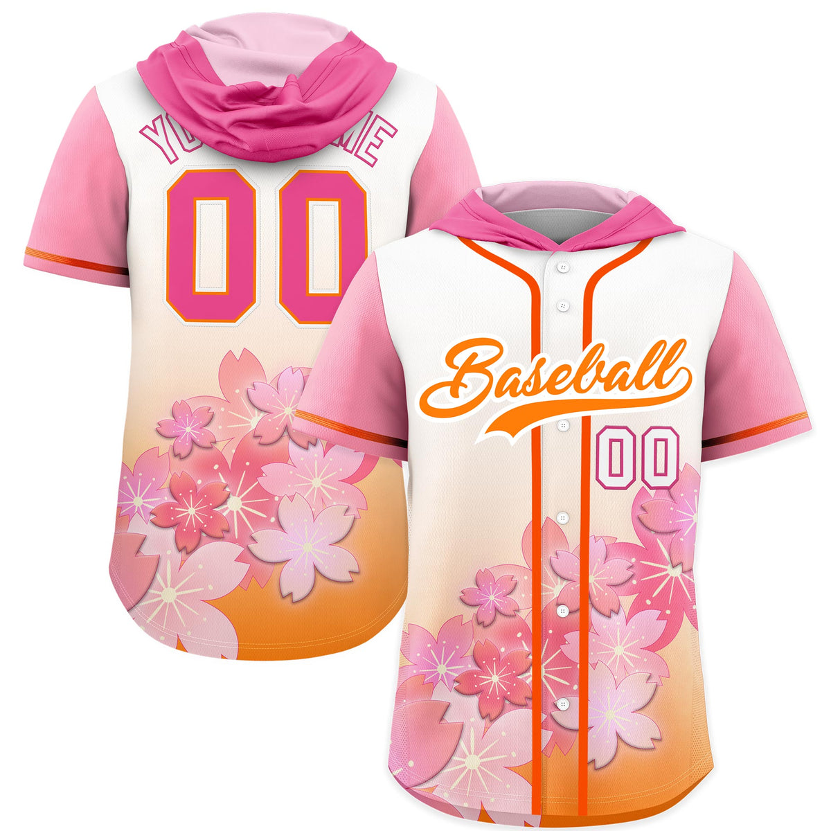 Custom Hooded Baseball Jersey | Pink Orange Cherry Blossom Moisture-Wicking Jersey for Men & Women