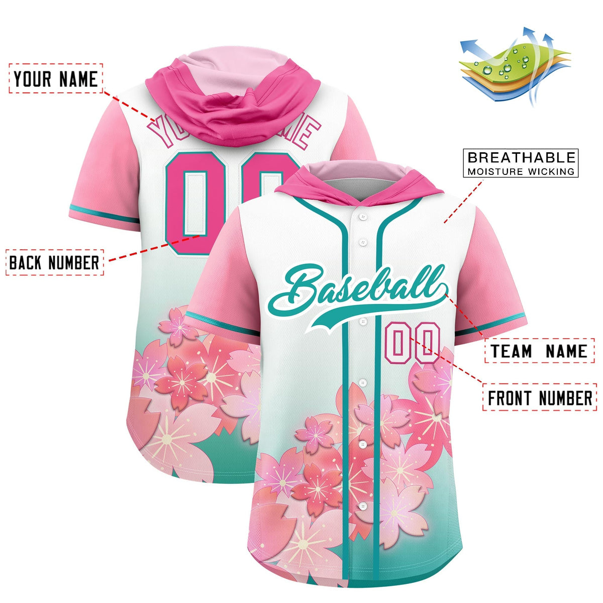 Custom Hooded Baseball Jersey | Pink Aqua Cherry Blossom Moisture-Wicking Jersey for Men & Women