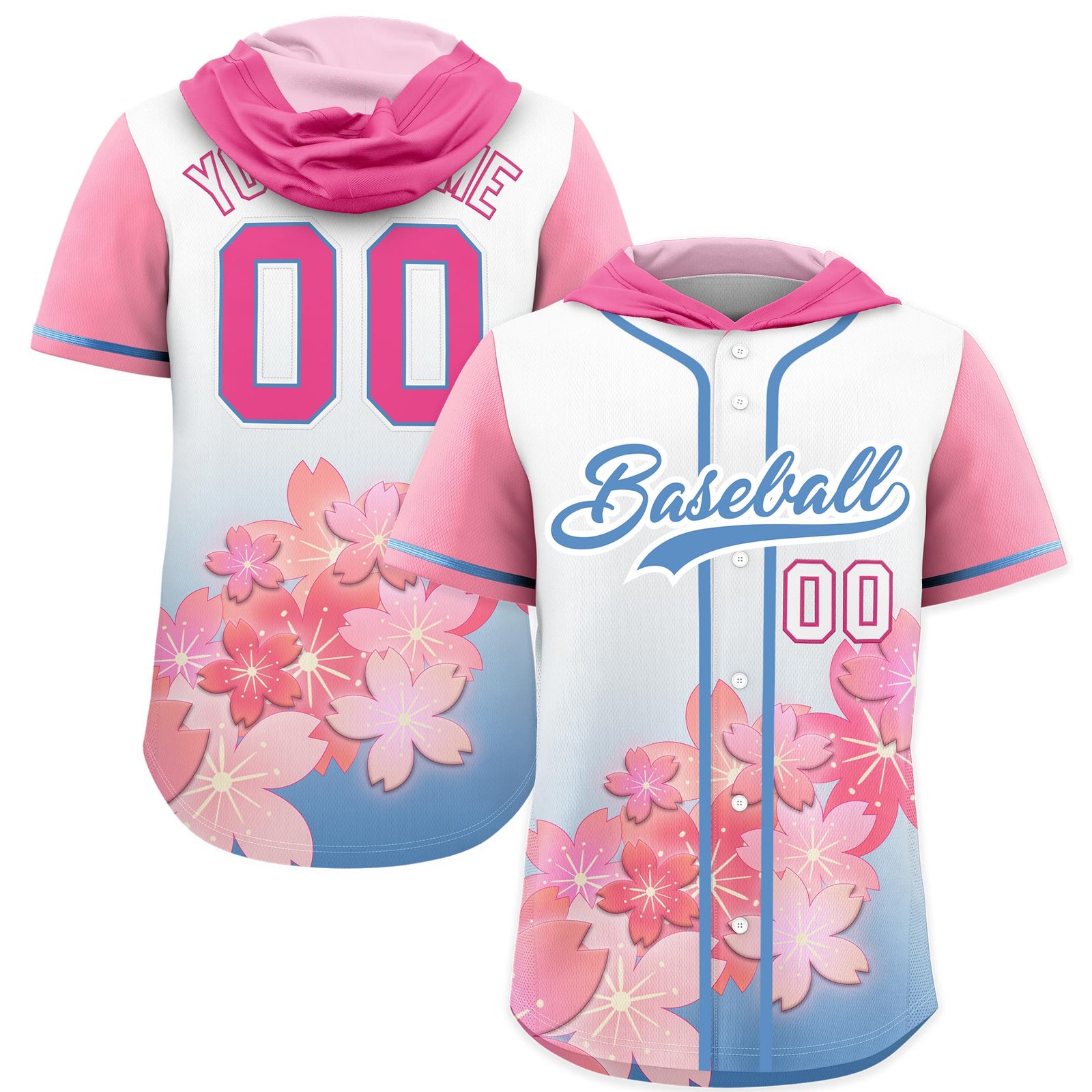 Custom Hooded Baseball Jersey | Pink Light Blue Cherry Blossom Personalized Name & Number Sport Jersey