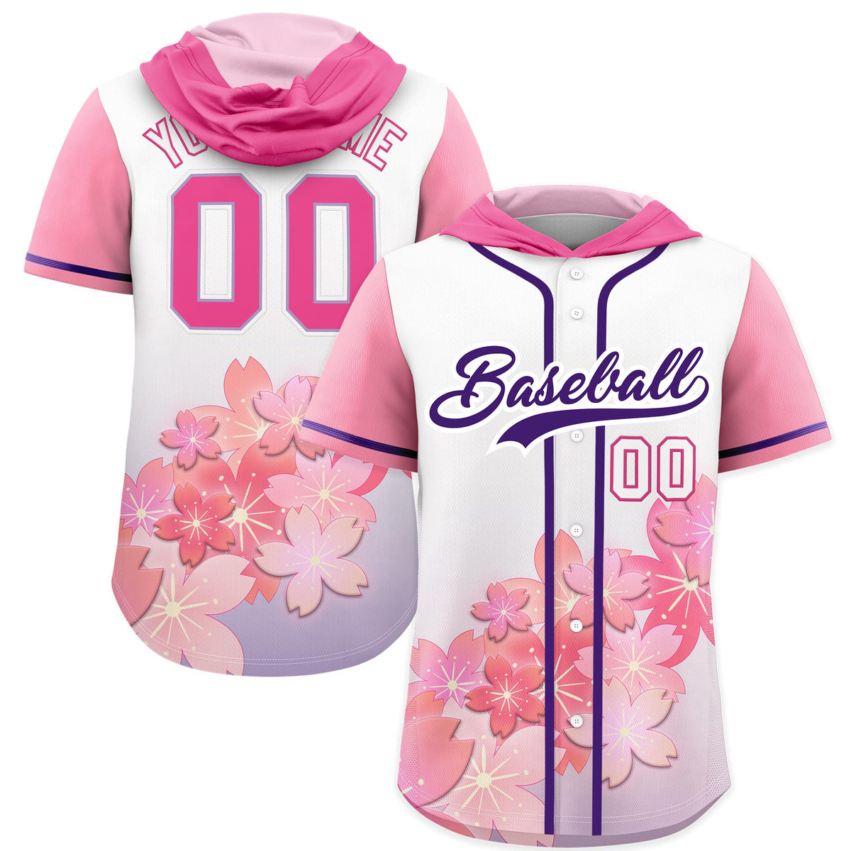 Custom Hooded Baseball Jersey | Pink Purple Cherry Blossom Breathable Athleisure Streetwear