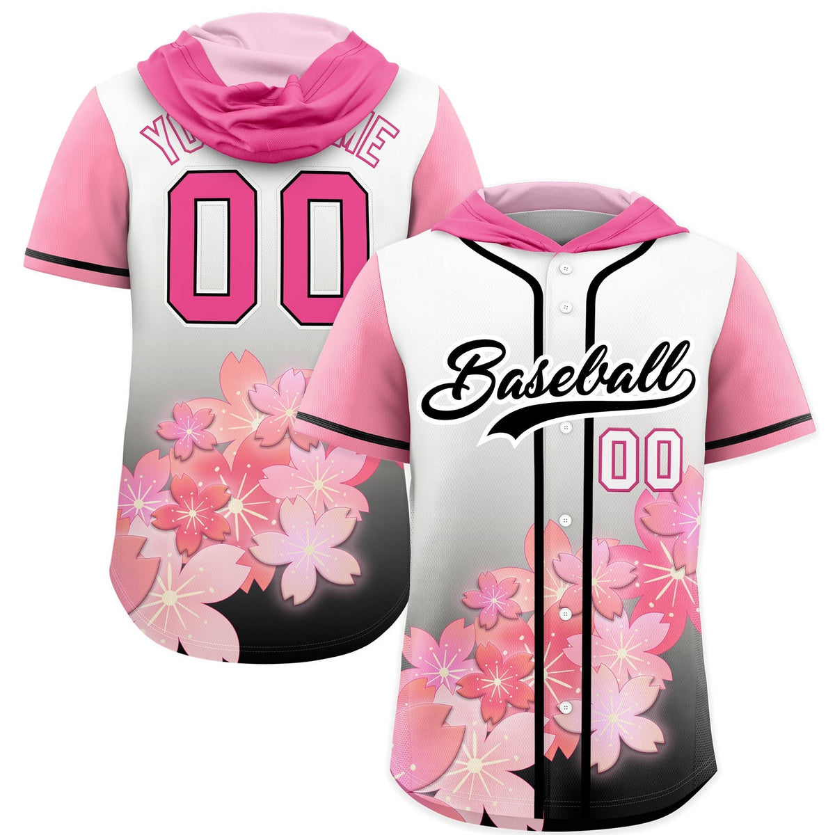 Custom Hooded Baseball Jersey | Pink Black Cherry Blossom Moisture-Wicking Jersey for Men & Women