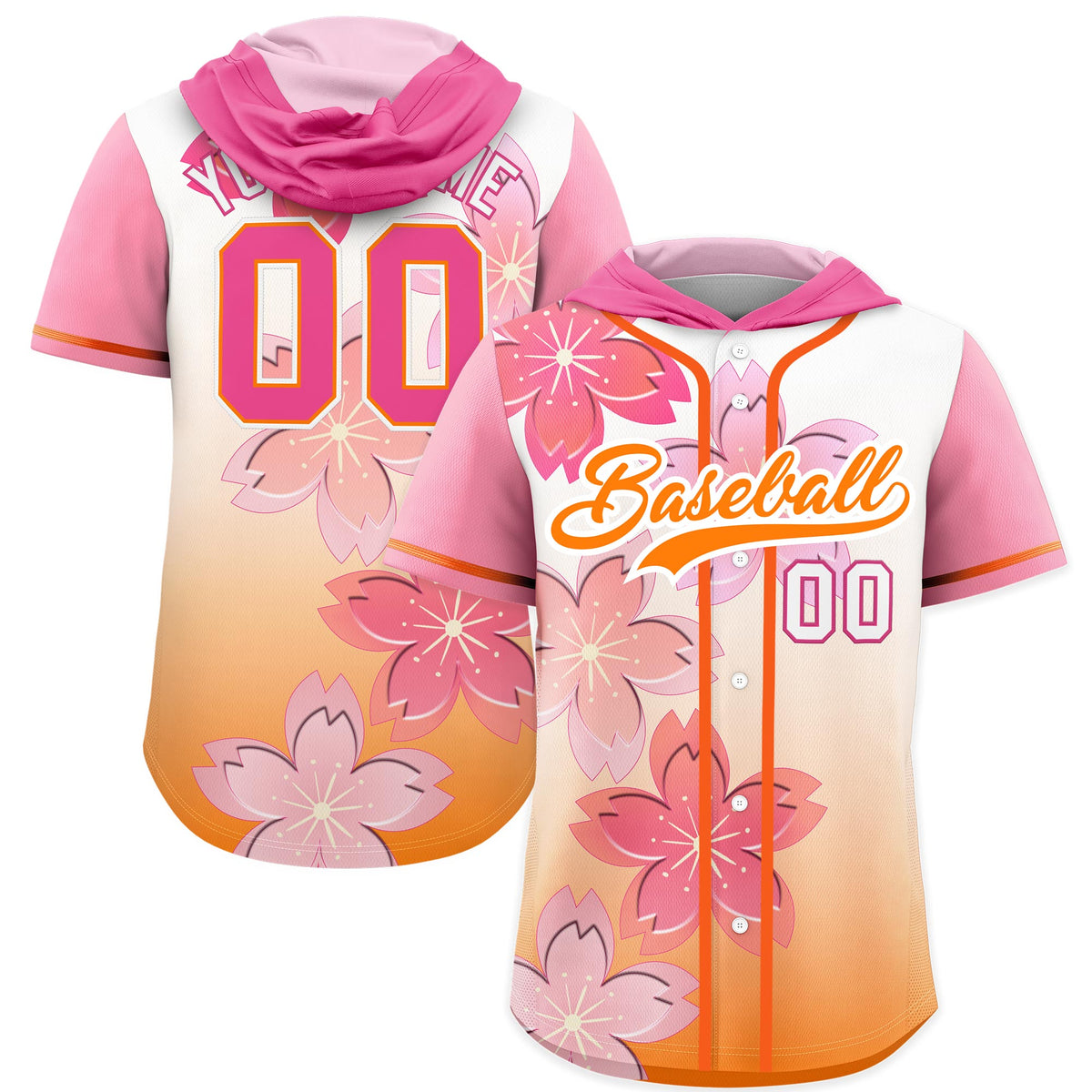 Custom Hooded Baseball Jersey | Pink Orange Cherry Blossom Moisture-Wicking Jersey for Men & Women