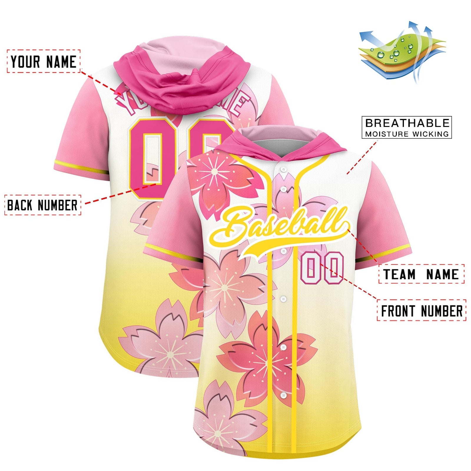 Custom Hooded Baseball Jersey | Pink Gold Cherry Blossom Personalized Name & Number Sport Jersey