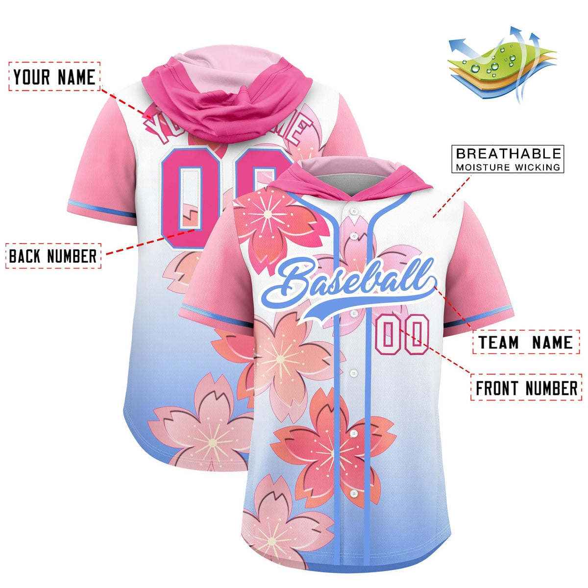Custom Hooded Baseball Jersey | Pink Light Blue Cherry Blossom Personalized Name & Number Sport Jersey