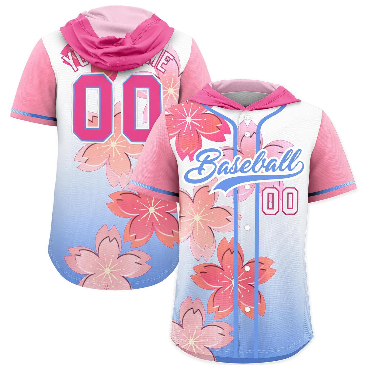 Custom Hooded Baseball Jersey | Pink Light Blue Cherry Blossom Personalized Name & Number Sport Jersey