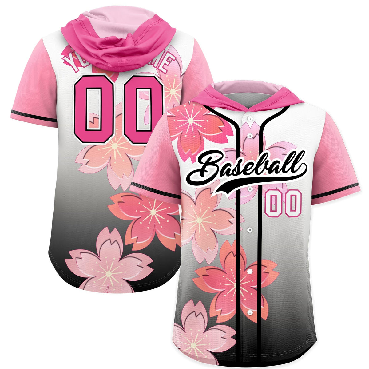 Custom Hooded Baseball Jersey | Pink Black Cherry Blossom Moisture-Wicking Jersey for Men & Women