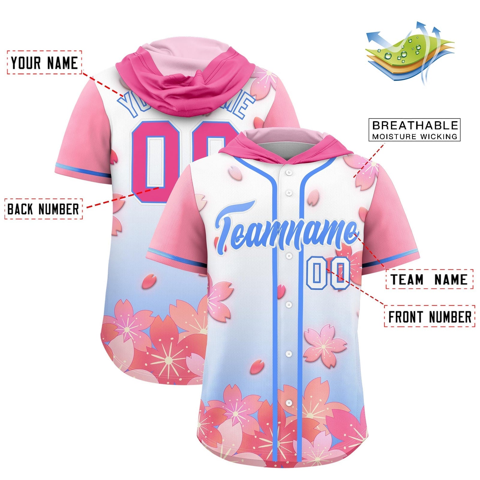 Custom Hooded Baseball Jersey | Pink Powder Blue Cherry Blossom Moisture-Wicking Jersey for Men & Women