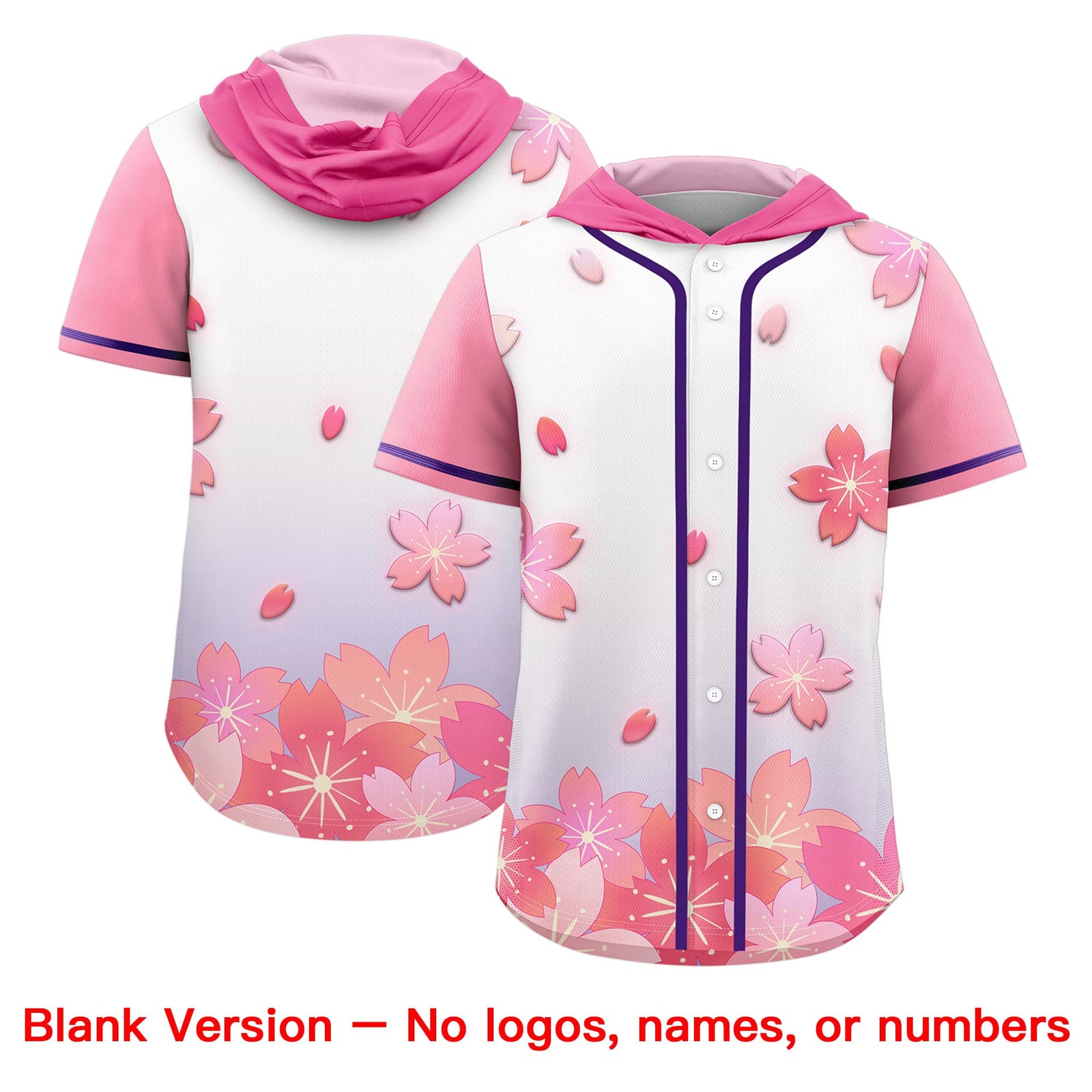 Custom Hooded Baseball Jersey | Pink Light Purple Cherry Blossom Personalized Name & Number Sport Jersey