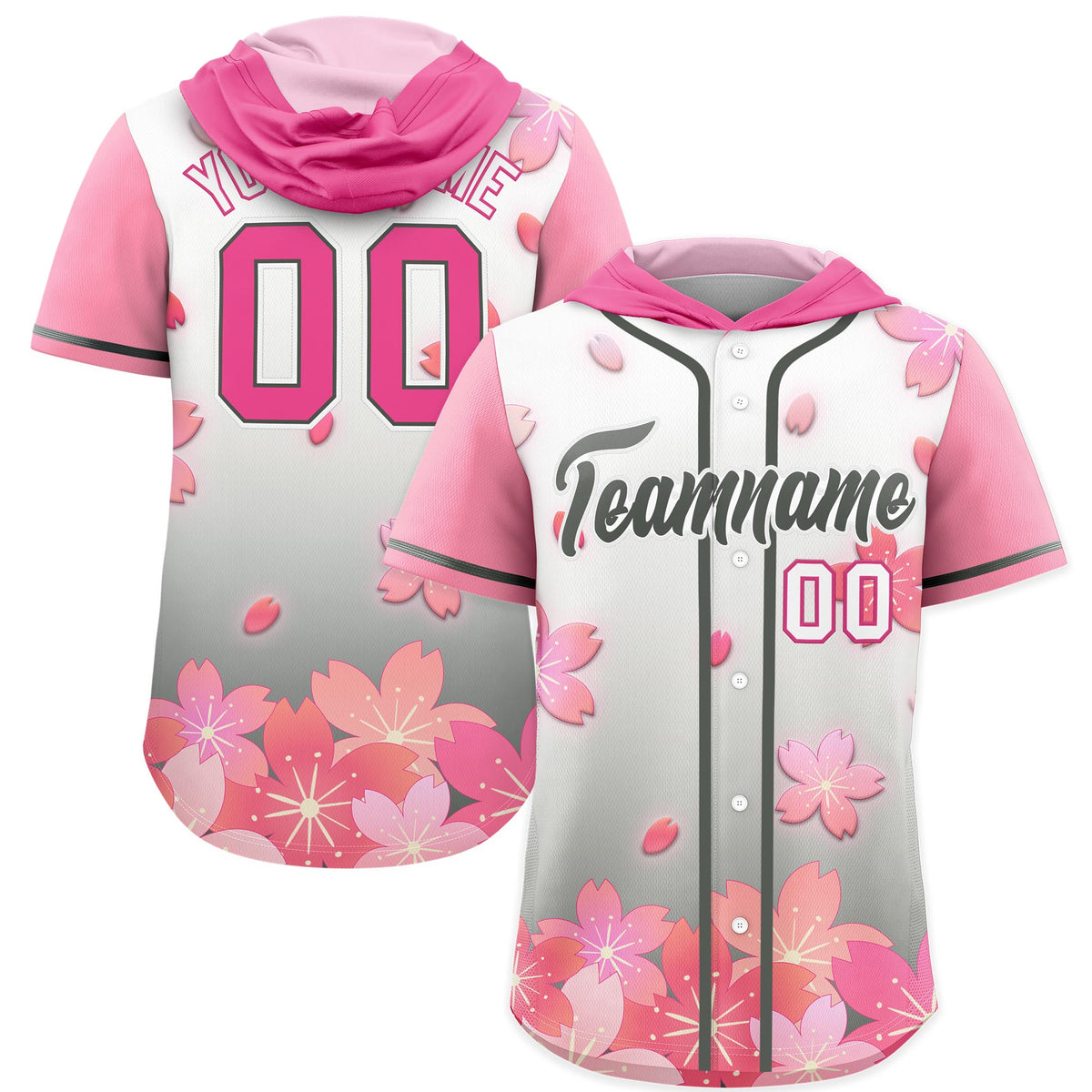 Custom Hooded Baseball Jersey | Pink Gray Cherry Blossom Moisture-Wicking Jersey for Men & Women