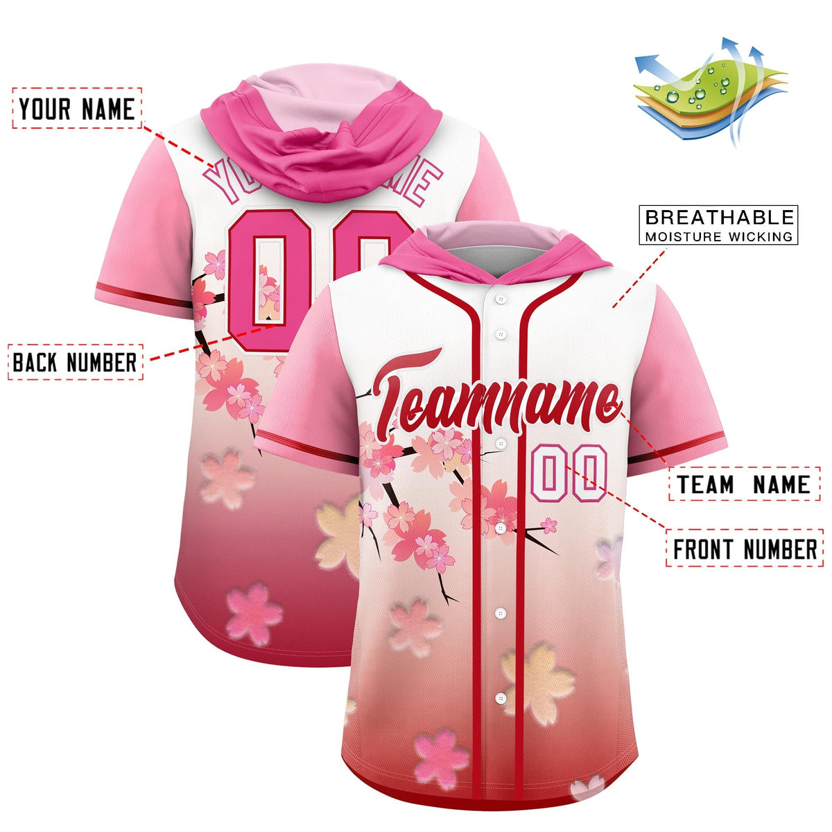 Custom Hooded Baseball Jersey | Pink Red Cherry Blossom Moisture-Wicking Jersey for Men & Women