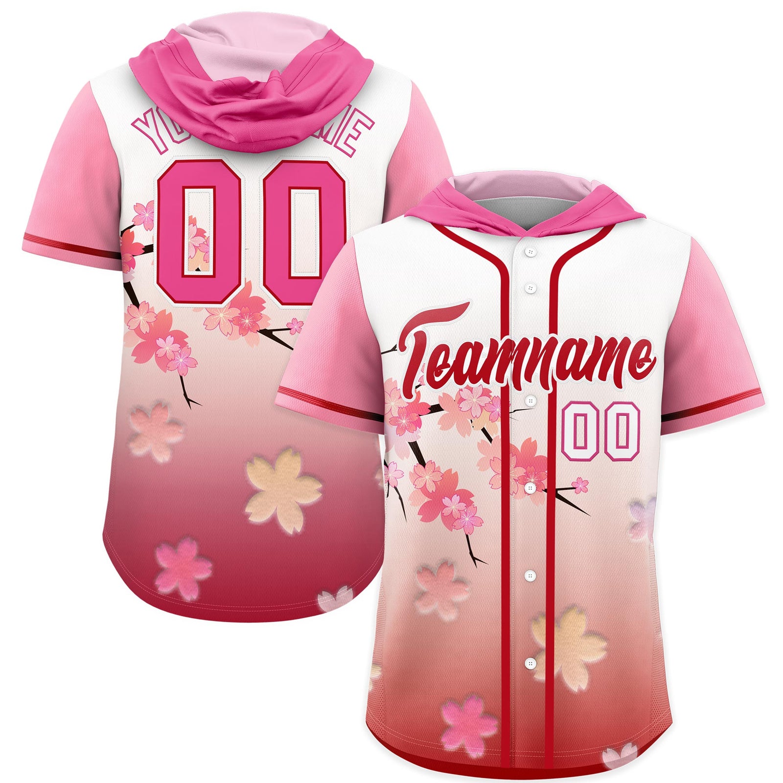Custom Hooded Baseball Jersey | Pink Red Cherry Blossom Moisture-Wicking Jersey for Men & Women