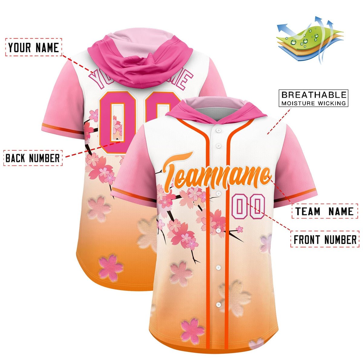 Custom Hooded Baseball Jersey | Pink Orange Cherry Blossom Personalized Name & Number Sport Jersey