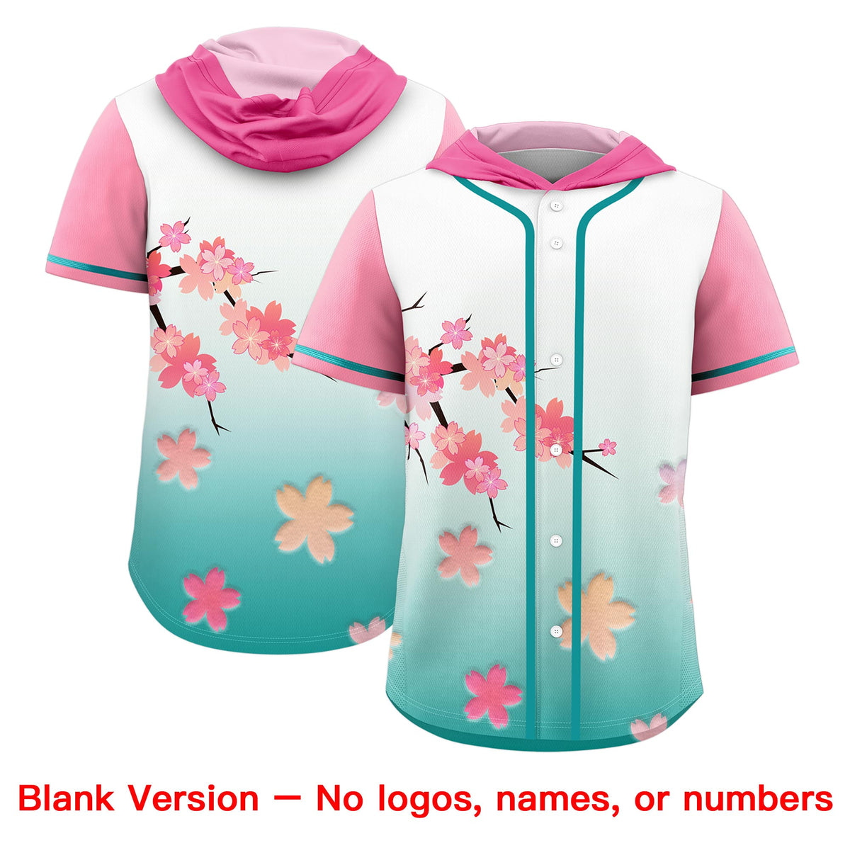 Custom Hooded Baseball Jersey | Pink Aqua Cherry Blossom Personalized Name & Number Sport Jersey
