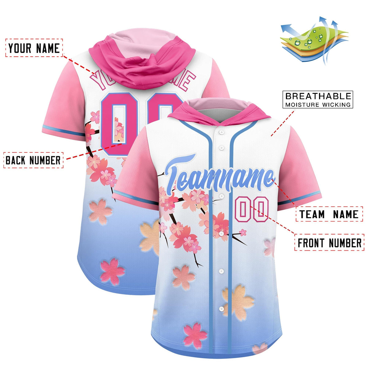 Custom Hooded Baseball Jersey | Pink Light Blue Cherry Blossom Breathable Athleisure Streetwear