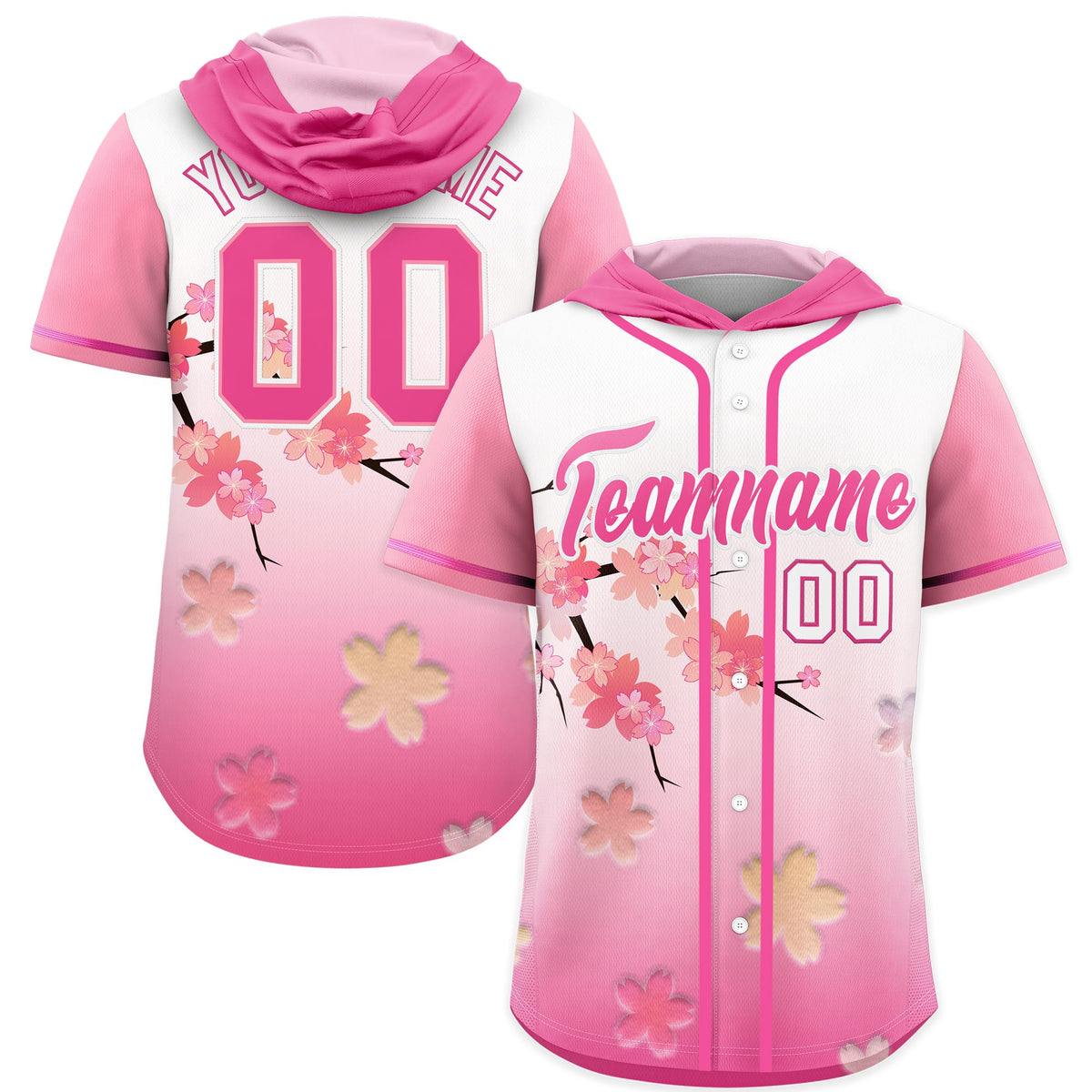 Custom Hooded Baseball Jersey | Pink White Cherry Blossom Personalized Name & Number Sport Jersey