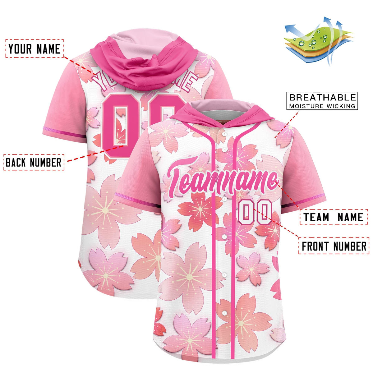 Custom Hooded Baseball Jersey | Pink White Cherry Blossom Moisture-Wicking Jersey for Men & Women