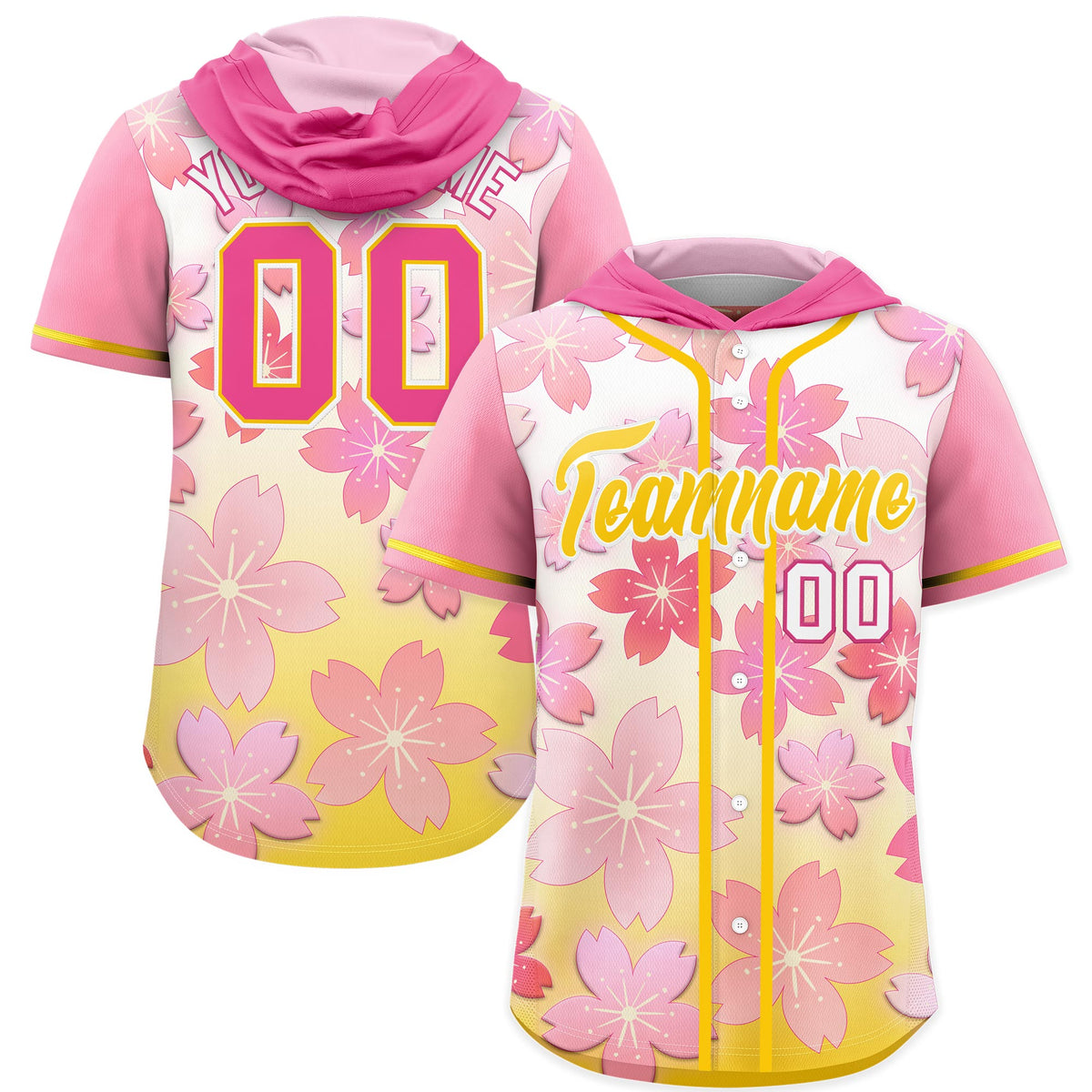 Custom Hooded Baseball Jersey | Pink Gold Cherry Blossom Personalized Name & Number Sport Jersey
