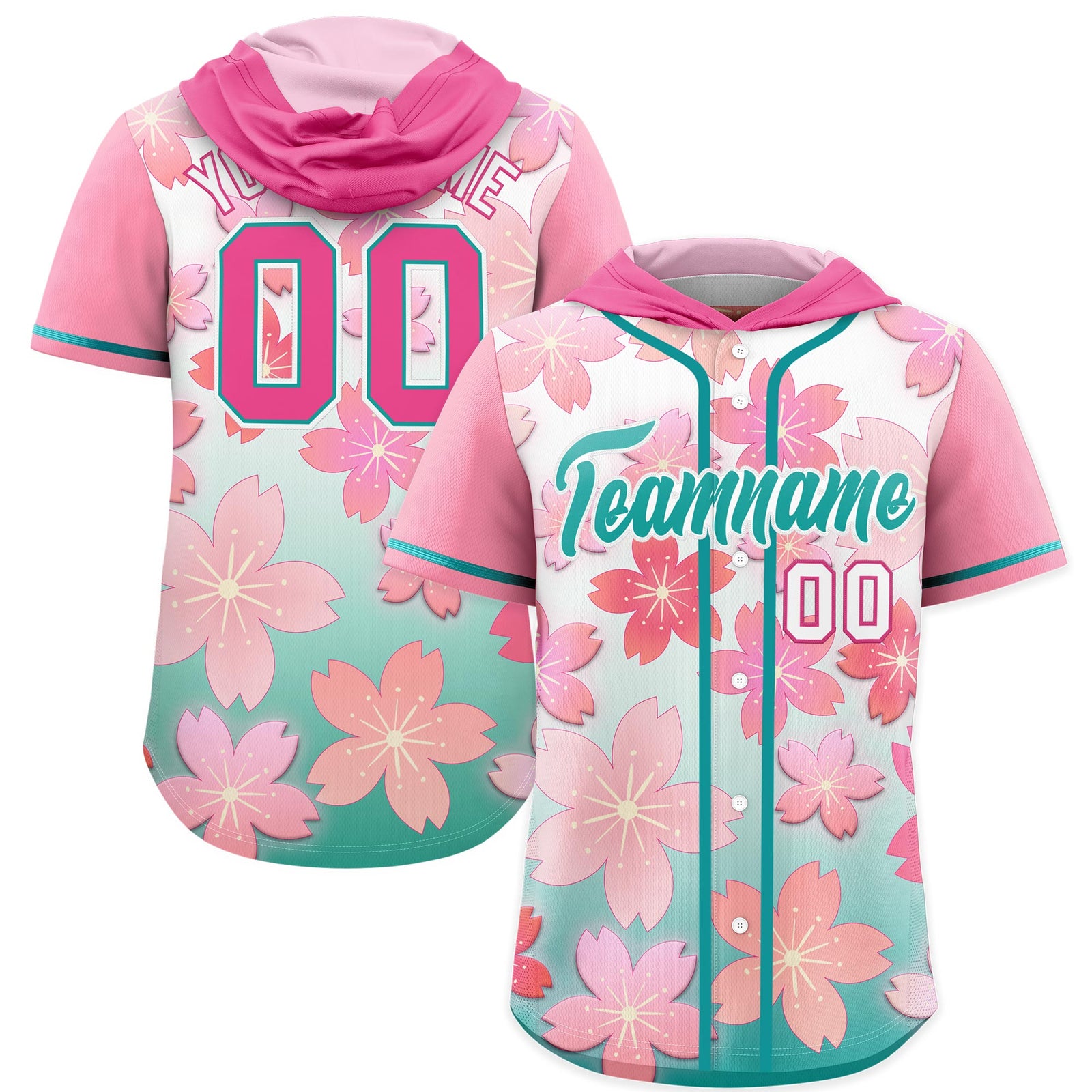 Custom Hooded Baseball Jersey | Pink Aqua Cherry Blossom Moisture-Wicking Jersey for Men & Women