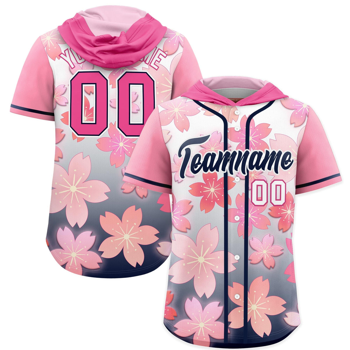 Custom Hooded Baseball Jersey | Pink Navy Cherry Blossom Breathable Athleisure Streetwear