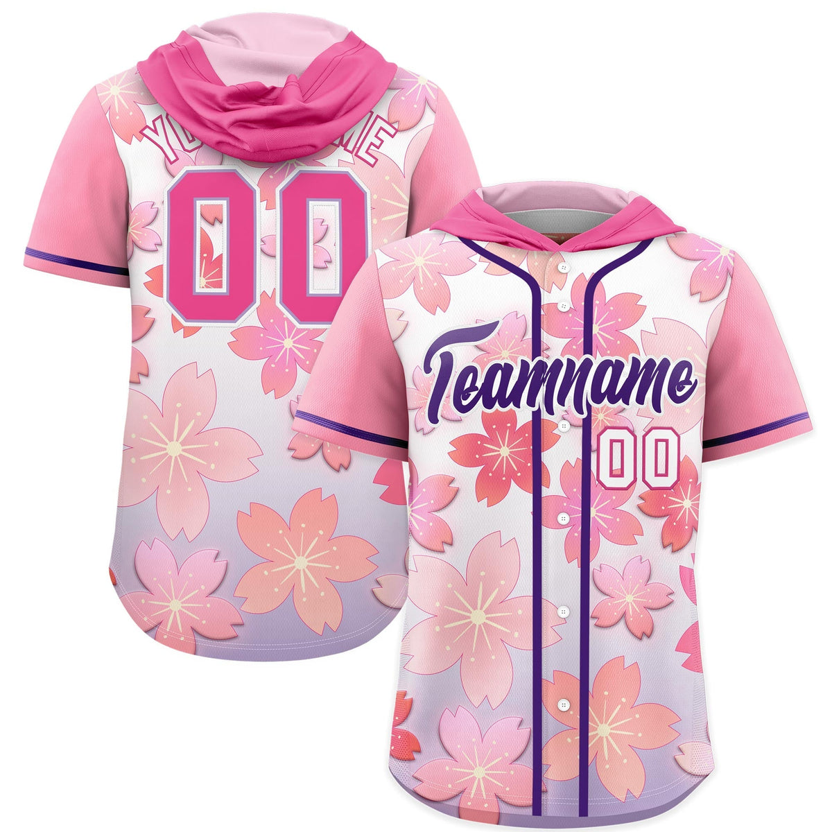 Custom Hooded Baseball Jersey | Pink Purple Cherry Blossom Moisture-Wicking Jersey for Men & Women