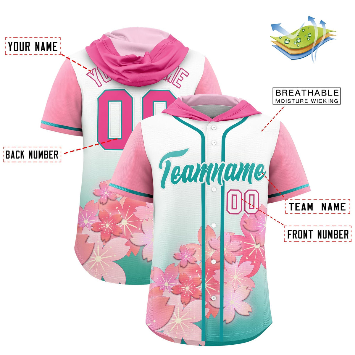 Custom Hooded Baseball Jersey | Pink Aqua Cherry Blossom Moisture-Wicking Jersey for Men & Women