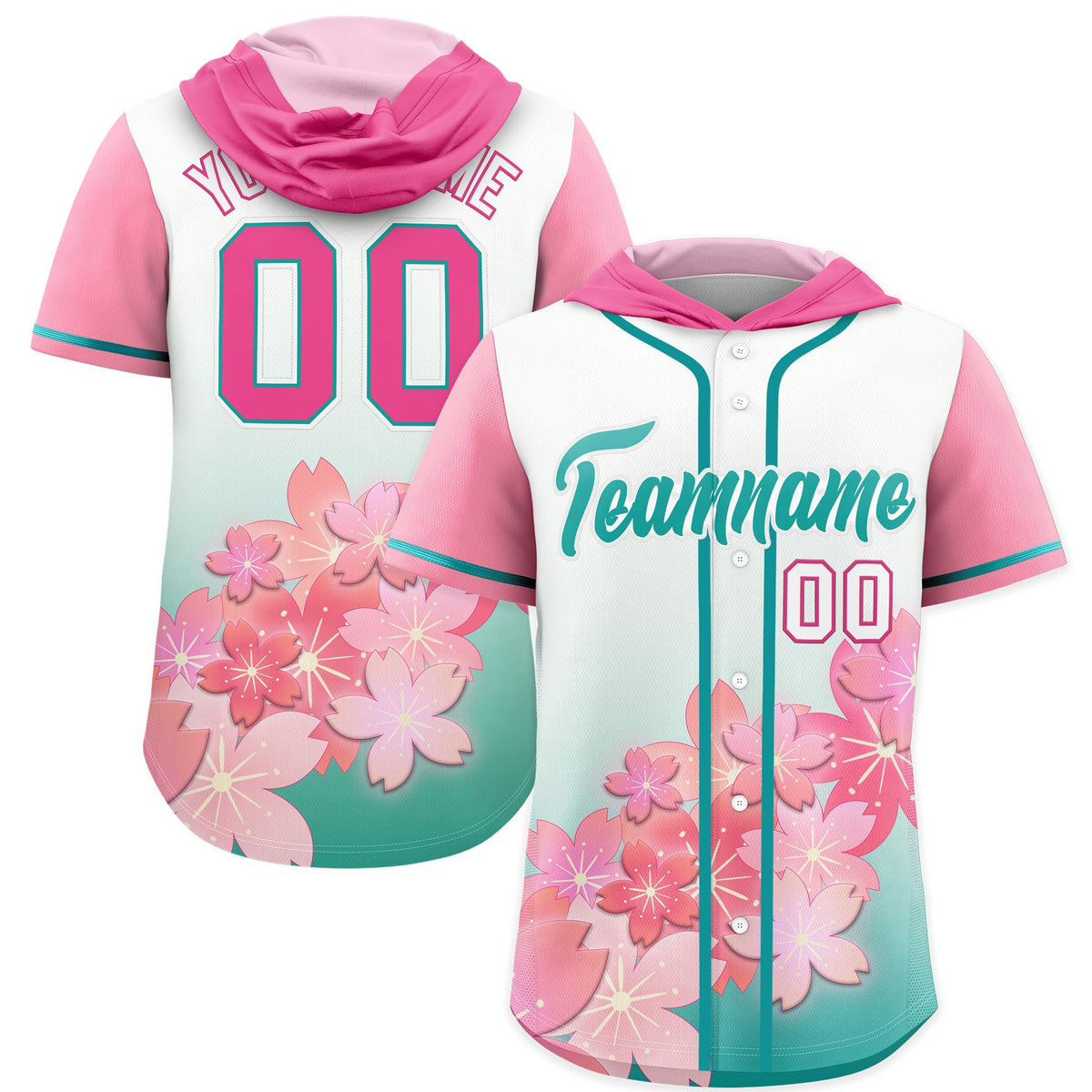 Custom Hooded Baseball Jersey | Pink Aqua Cherry Blossom Moisture-Wicking Jersey for Men & Women