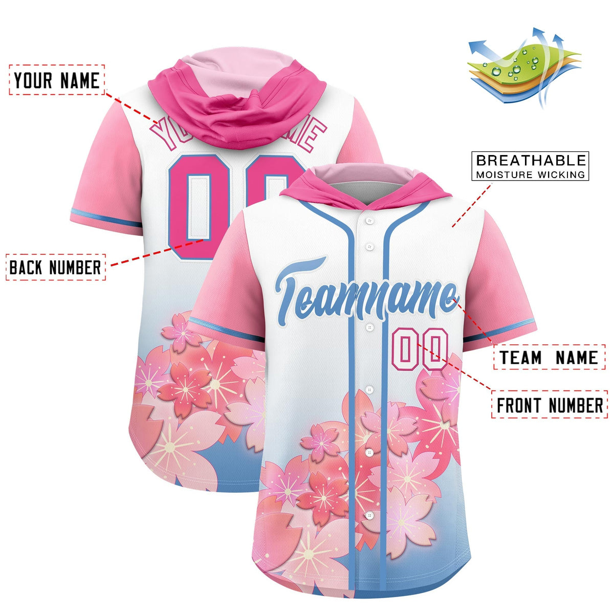 Custom Hooded Baseball Jersey | Pink Light Blue Cherry Blossom Personalized Name & Number Sport Jersey