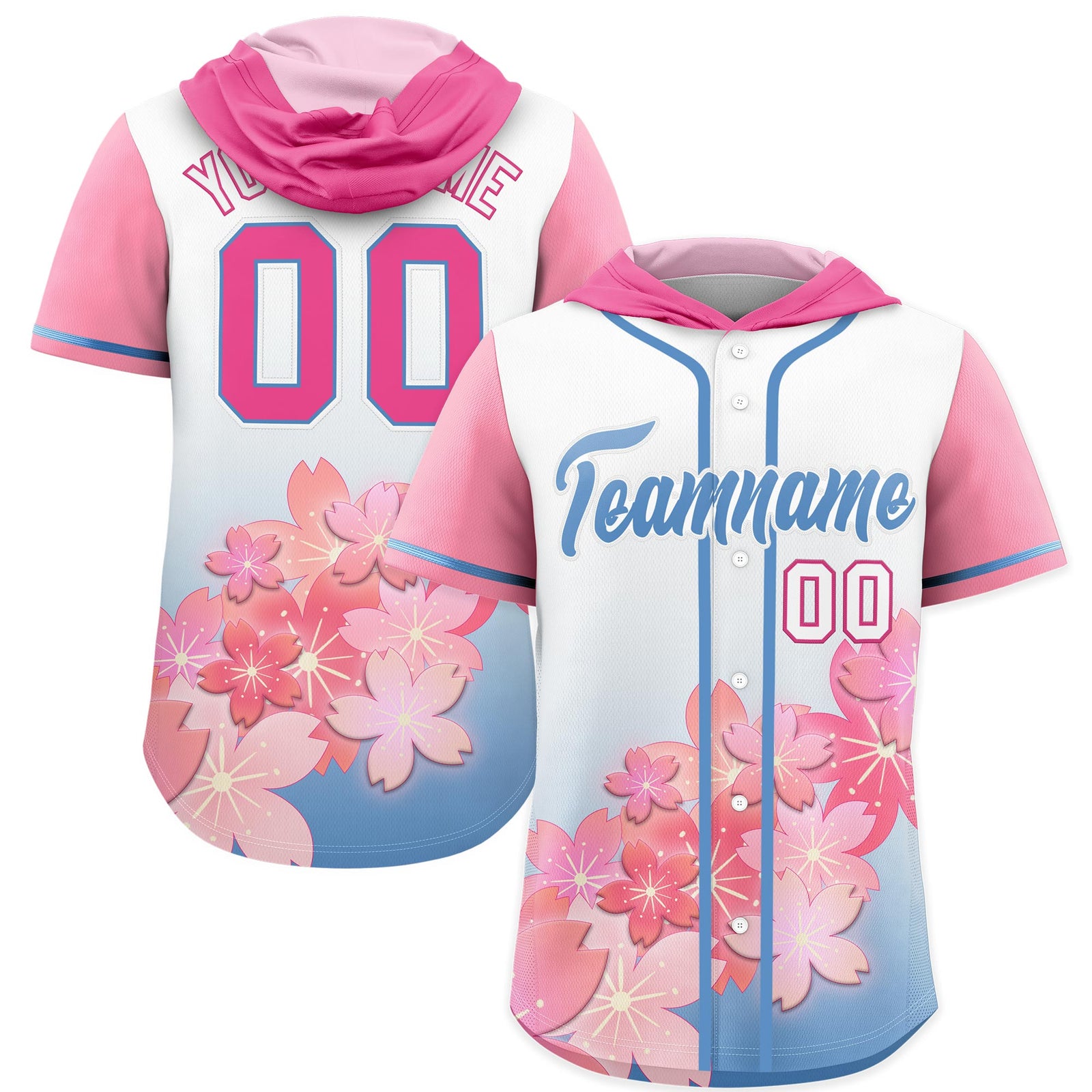 Custom Hooded Baseball Jersey | Pink Light Blue Cherry Blossom Personalized Name & Number Sport Jersey