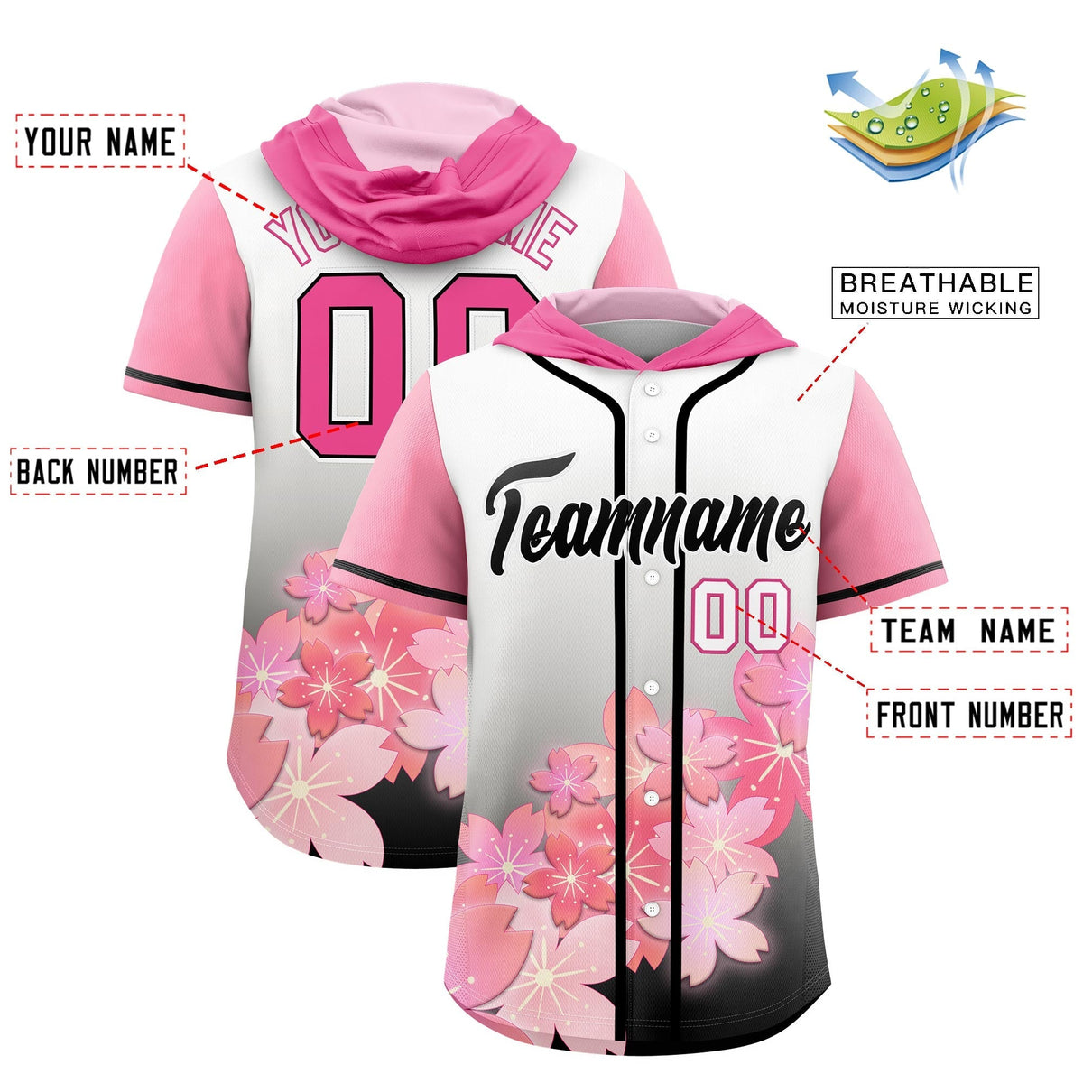 Custom Hooded Baseball Jersey | Pink Black Cherry Blossom Moisture-Wicking Jersey for Men & Women