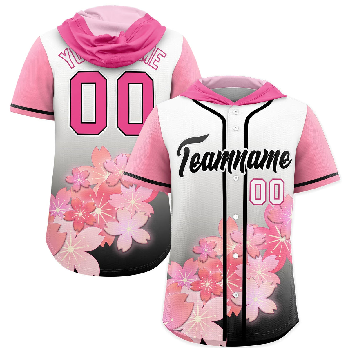 Custom Hooded Baseball Jersey | Pink Black Cherry Blossom Moisture-Wicking Jersey for Men & Women