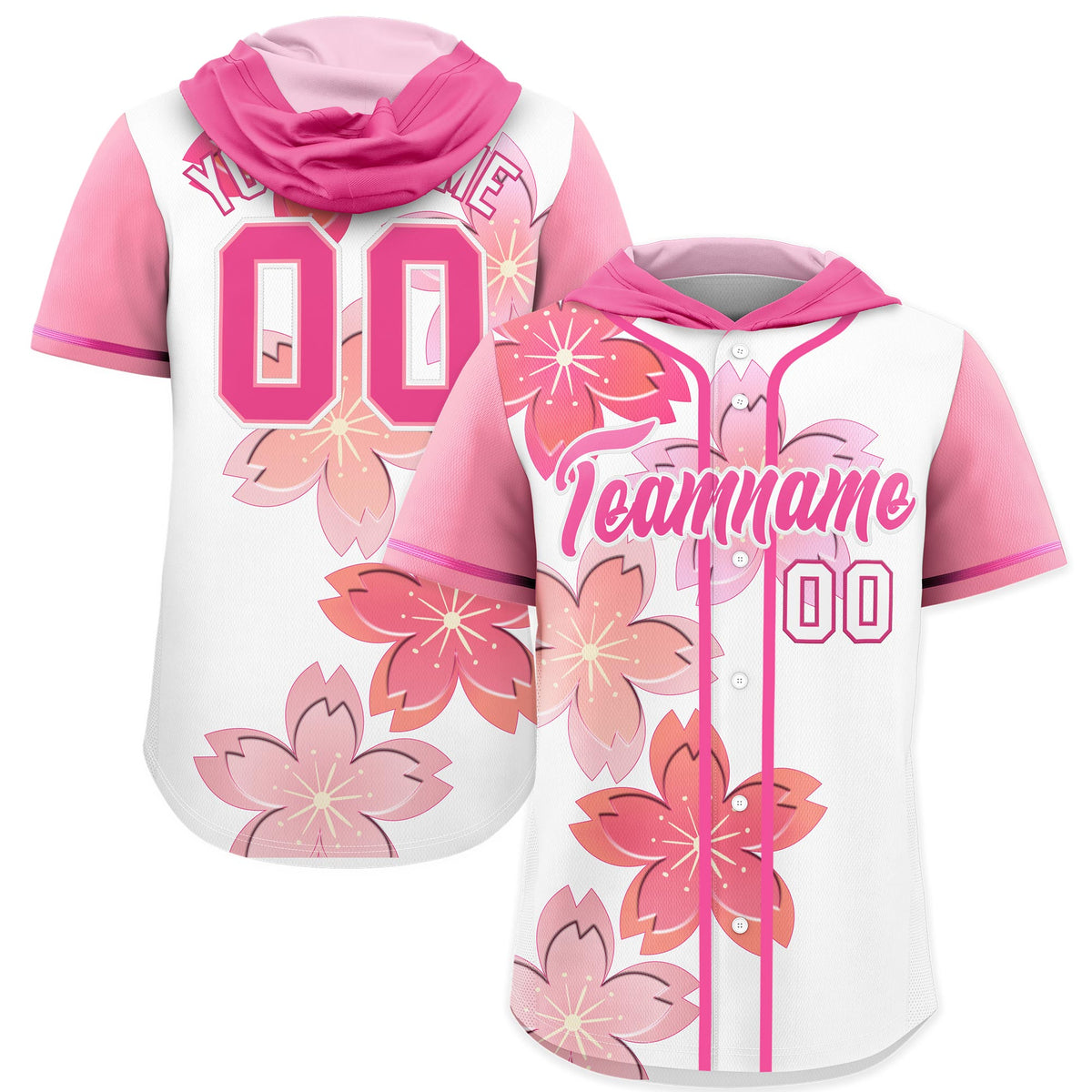 Custom Hooded Baseball Jersey | Pink White Cherry Blossom Personalized Name & Number Sport Jersey