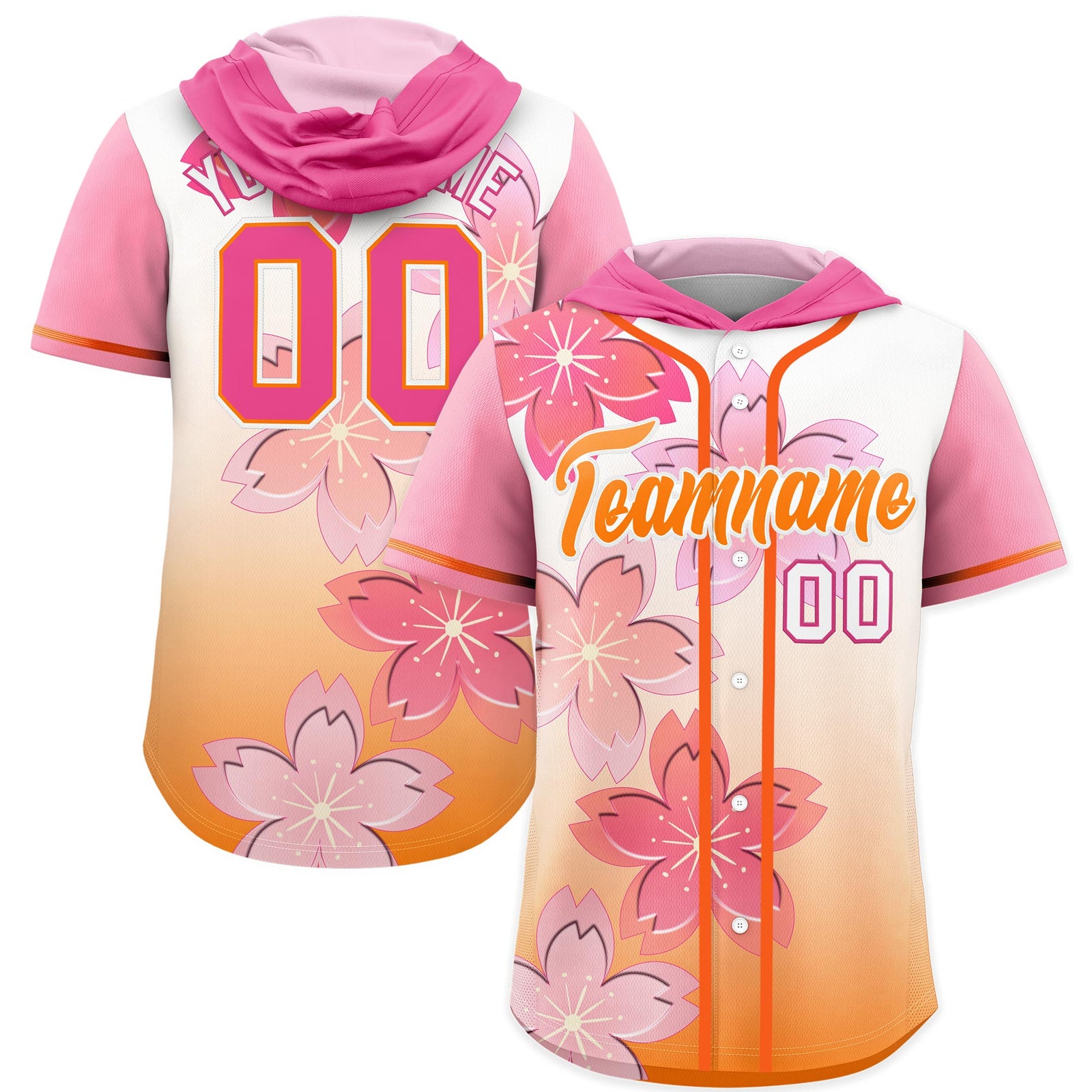 Custom Hooded Baseball Jersey | Pink Orange Cherry Blossom Moisture-Wicking Jersey for Men & Women