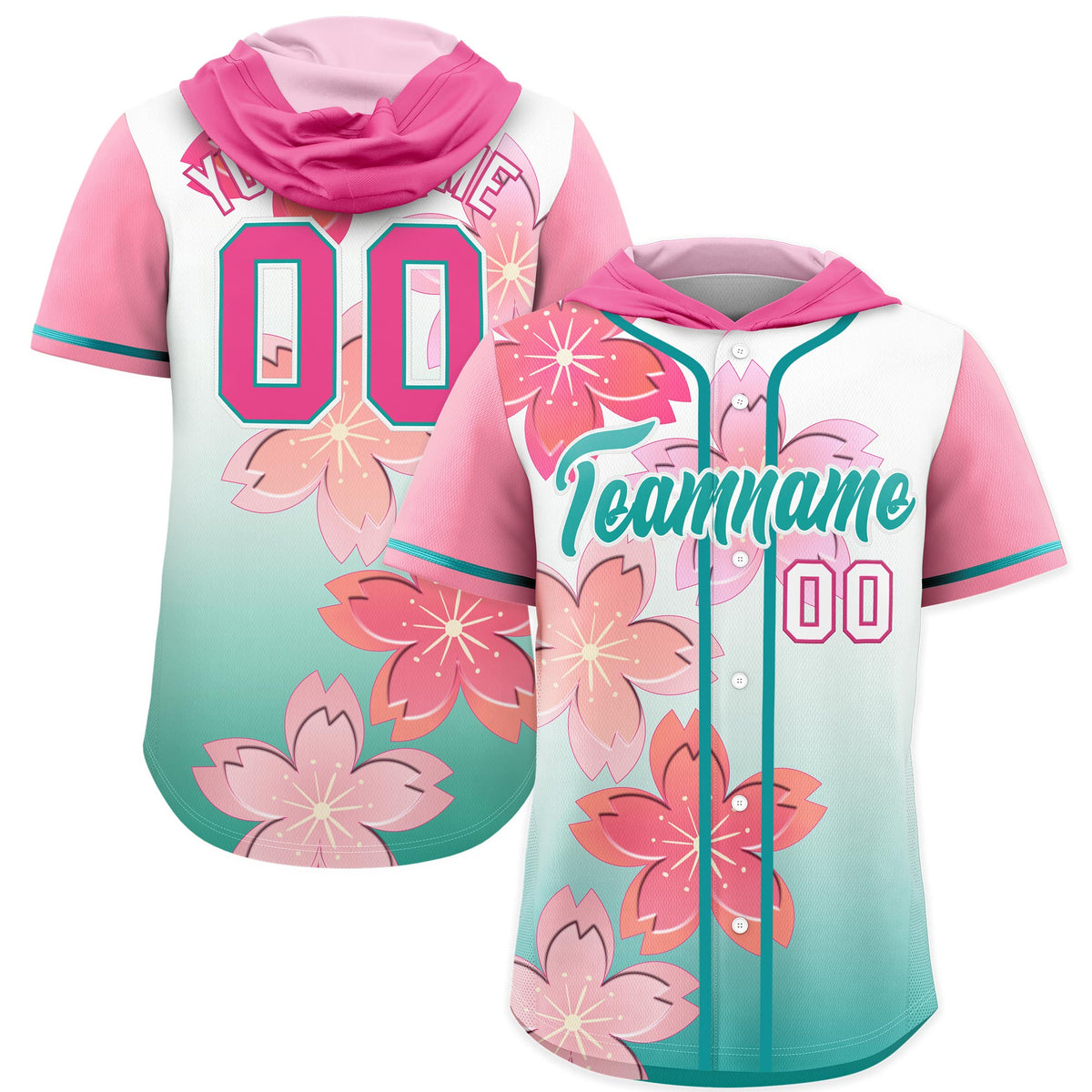 Custom Hooded Baseball Jersey | Pink Teal Cherry Blossom Moisture-Wicking Jersey for Men & Women