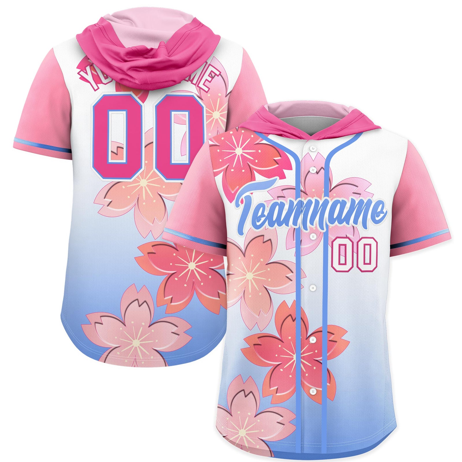 Custom Hooded Baseball Jersey | Pink Light Blue Cherry Blossom Personalized Name & Number Sport Jersey