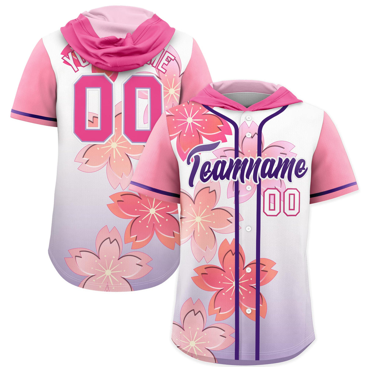 Custom Hooded Baseball Jersey | Pink Purple Cherry Blossom Breathable Athleisure Streetwear