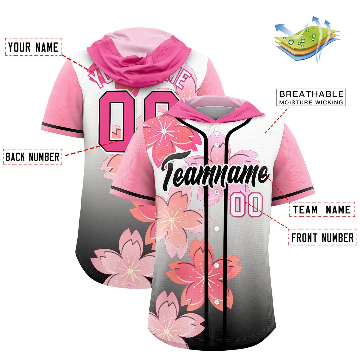 Custom Hooded Baseball Jersey | Pink Black Cherry Blossom Moisture-Wicking Jersey for Men & Women