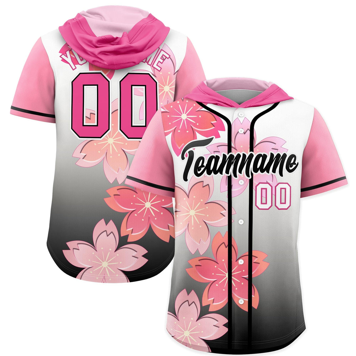 Custom Hooded Baseball Jersey | Pink Black Cherry Blossom Moisture-Wicking Jersey for Men & Women