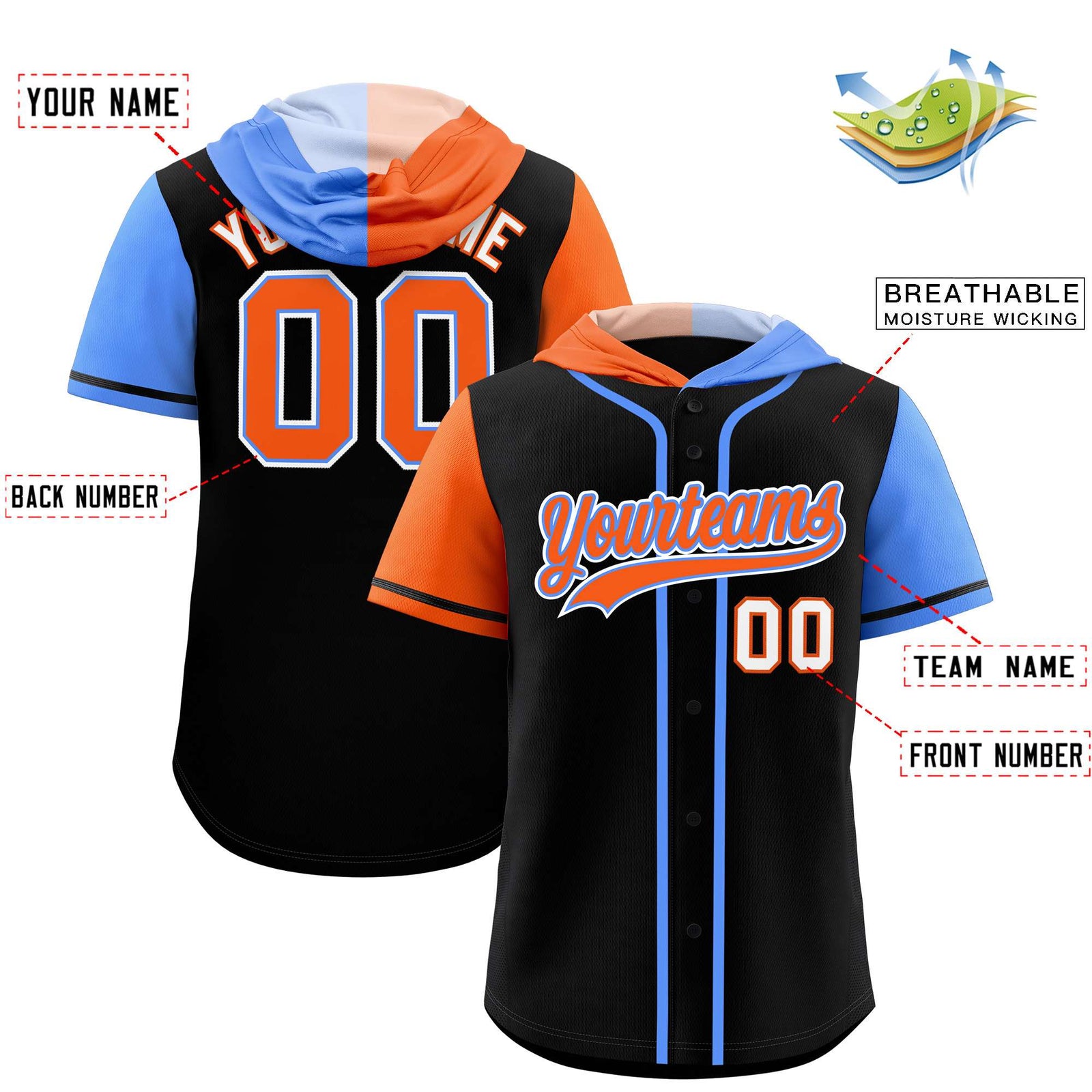 Custom Black Orange and Powder Blue Split Fashion Raglan Sleeves Authentic Baseball Hoodie Jersey