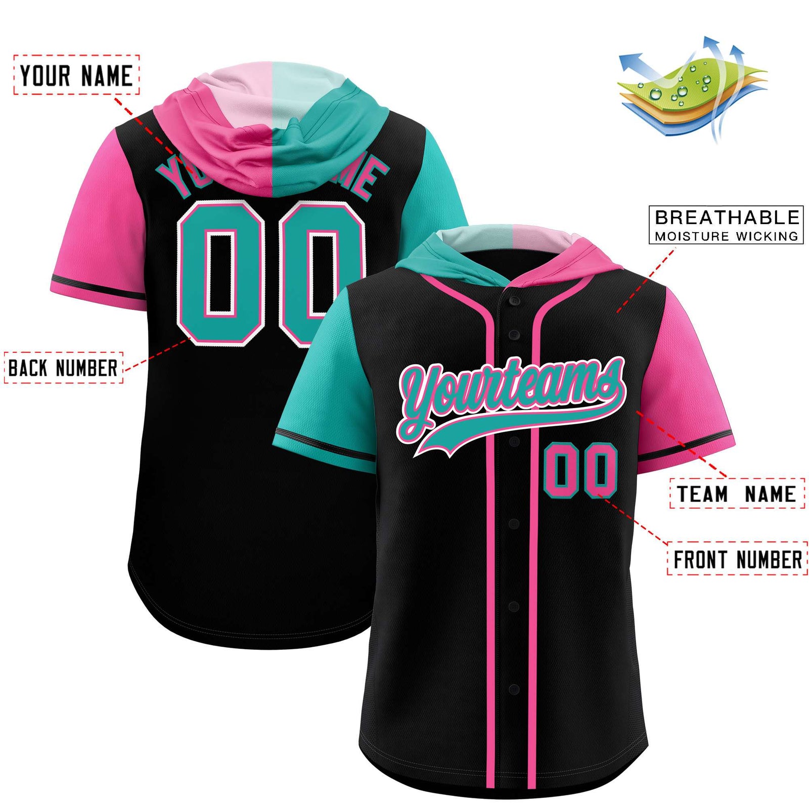 Custom Black Aqua and Pink Split Fashion Raglan Sleeves Authentic Baseball Hoodie Jersey