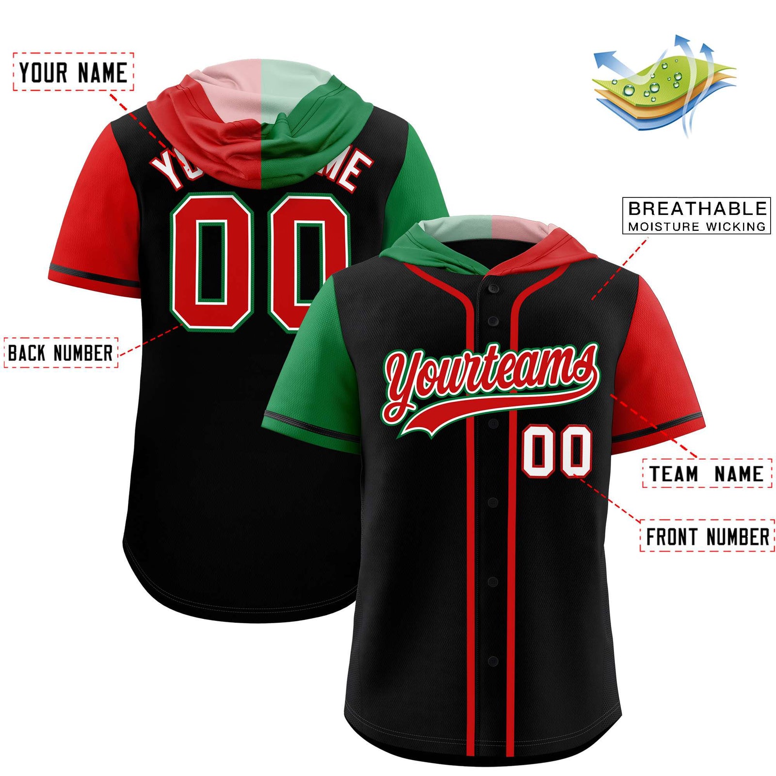 Custom Black Kelly Green and Red Split Fashion Raglan Sleeves Authentic Baseball Hoodie Jersey