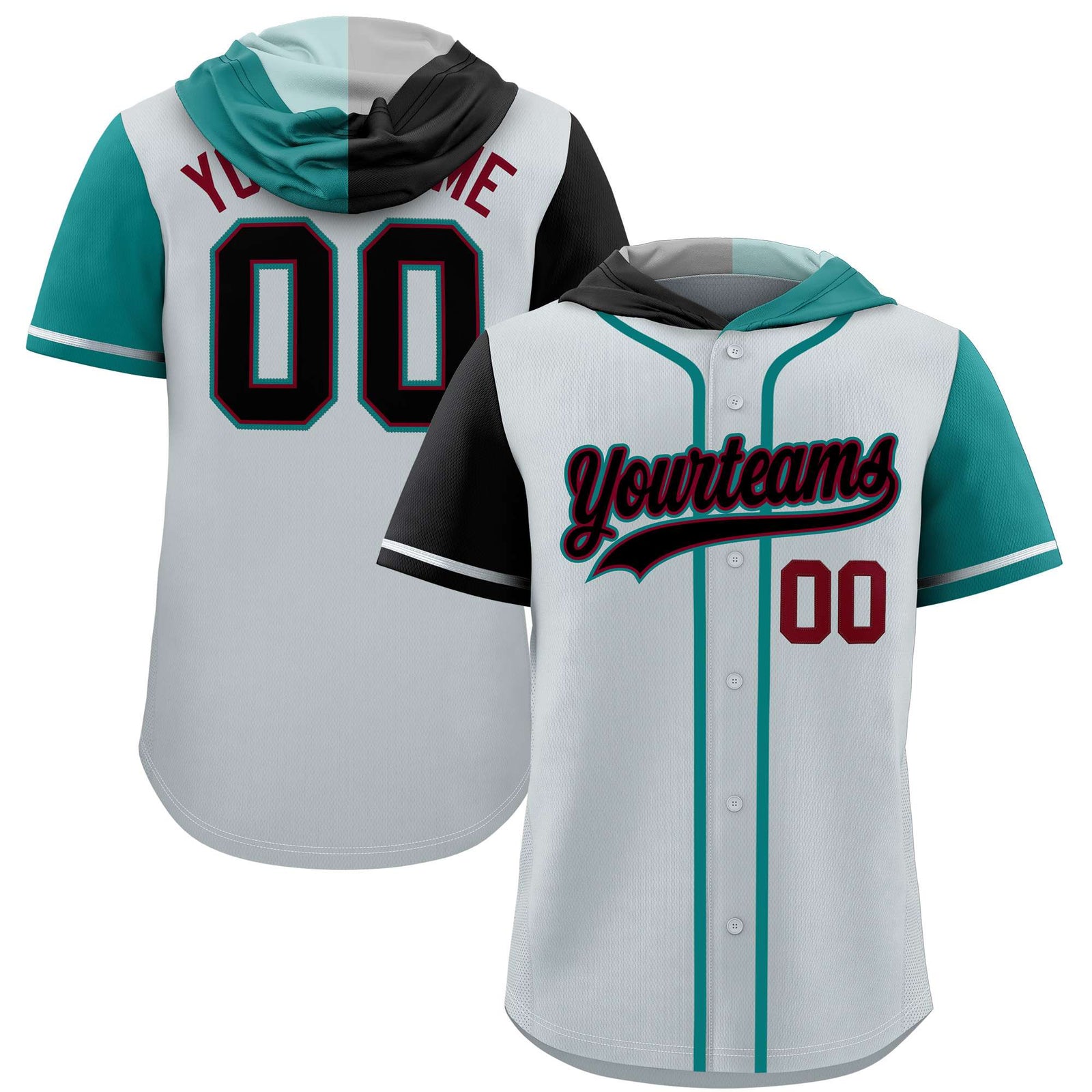 Custom Silver Black and Aqua Split Fashion Raglan Sleeves Authentic Baseball Hoodie Jersey