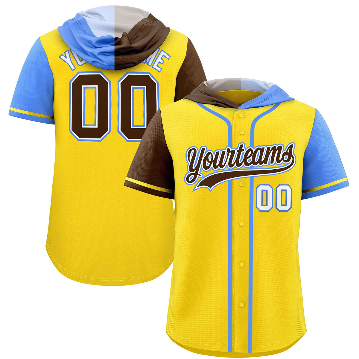 Custom Gold Brown and Powder Blue Split Fashion Raglan Sleeves Authentic Baseball Hoodie Jersey