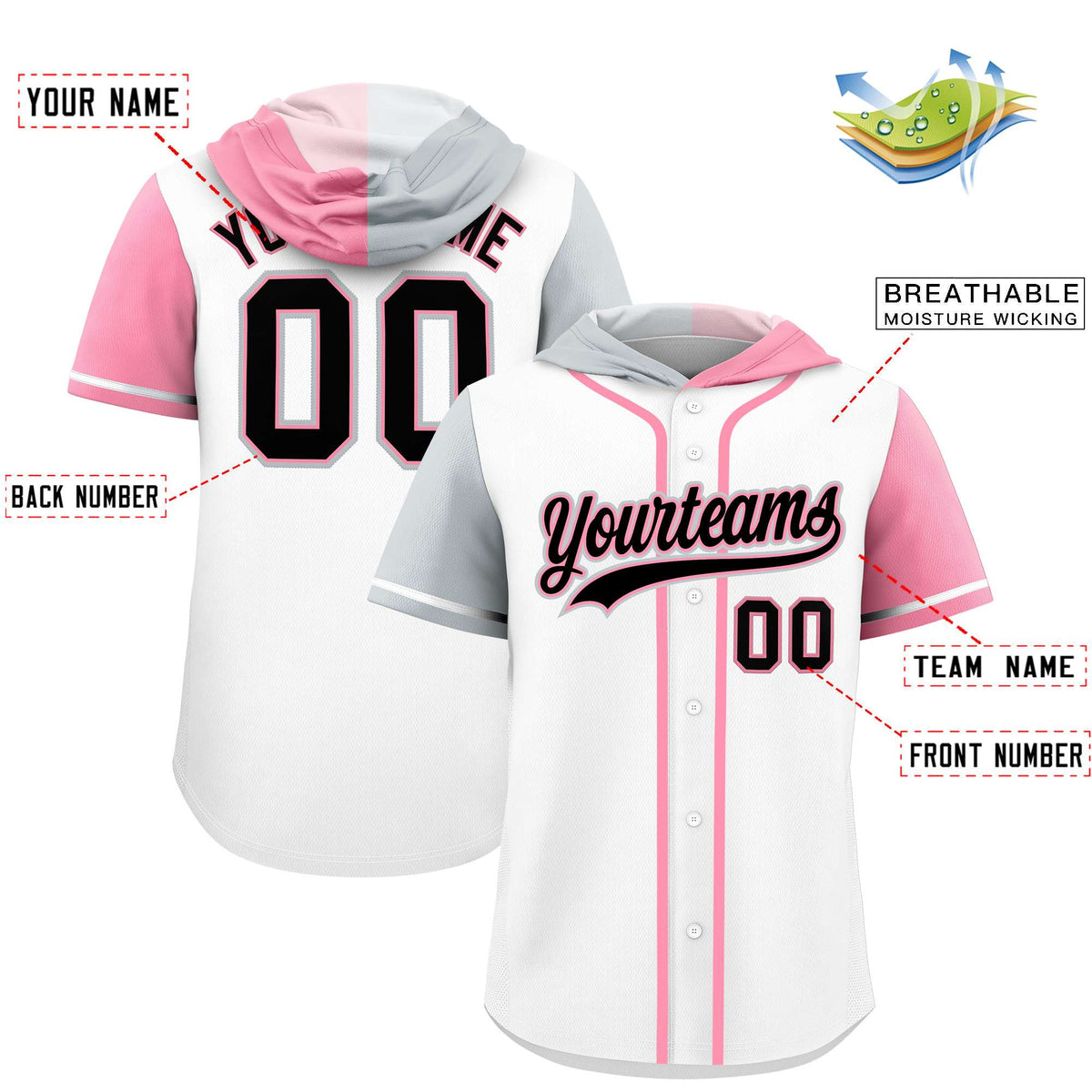 Custom White Silver and Light Pink Split Fashion Raglan Sleeves Authentic Baseball Hoodie Jersey