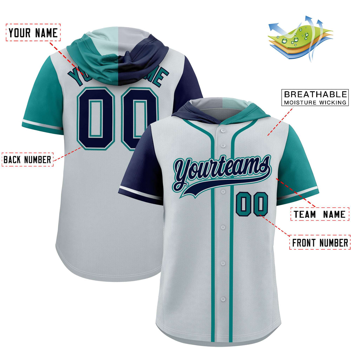 Custom Silver Navy and Aqua Split Fashion Raglan Sleeves Authentic Baseball Hoodie Jersey