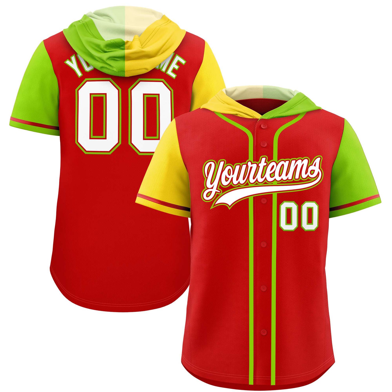 Custom Red Gold and Neon Green Split Fashion Raglan Sleeves Authentic Baseball Hoodie Jersey