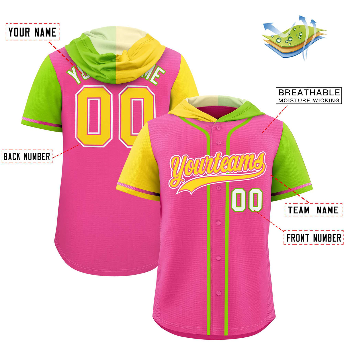Custom Pink Gold and Neon Green Split Fashion Raglan Sleeves Authentic Baseball Hoodie Jersey