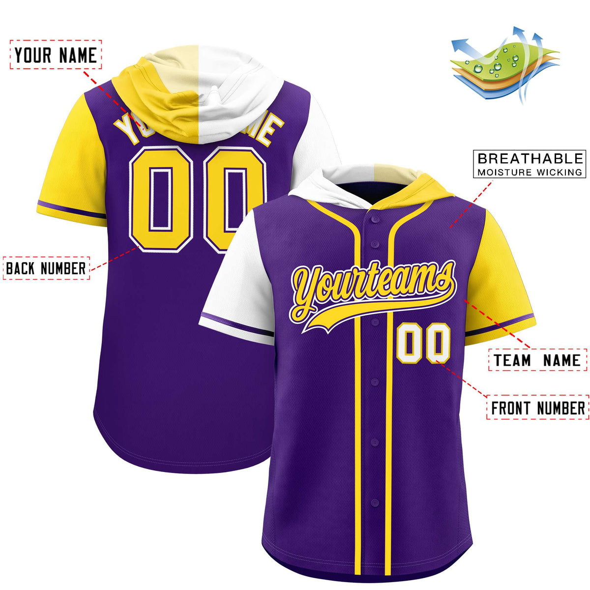 Custom Purple White and Gold Split Fashion Raglan Sleeves Authentic Baseball Hoodie Jersey